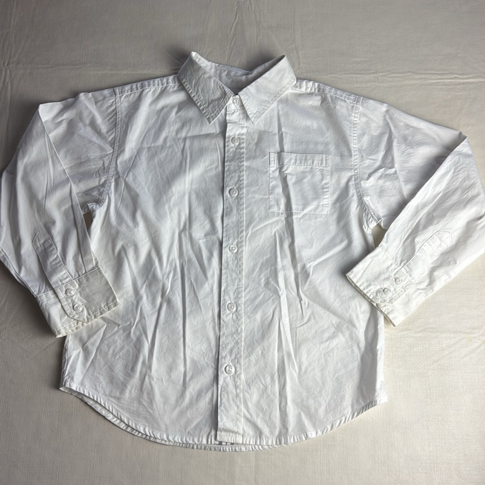 GYMOREE Boy’s White Long Sleeve Button Down Shirt with Striped Detail Size 7
